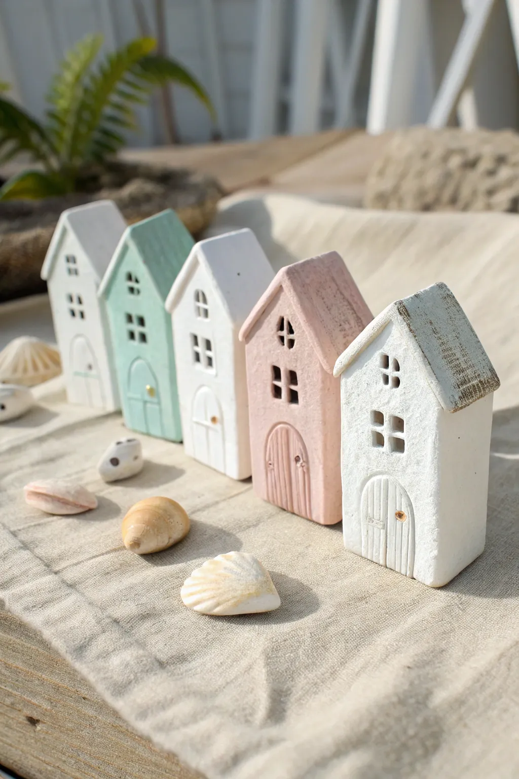 Mini coastal clay houses in soft pastels, styled simply with shells for a beachy vibe