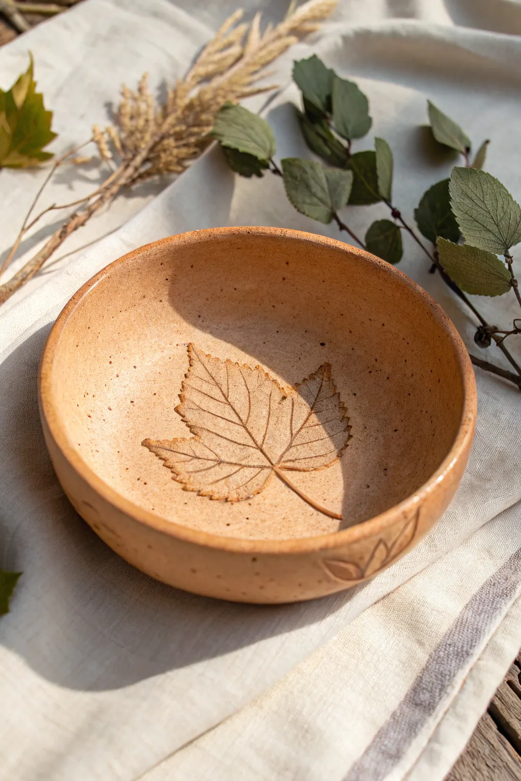 Beginner leaf-imprint bowl in earthy tones, minimalist styling with natural texture and contrast