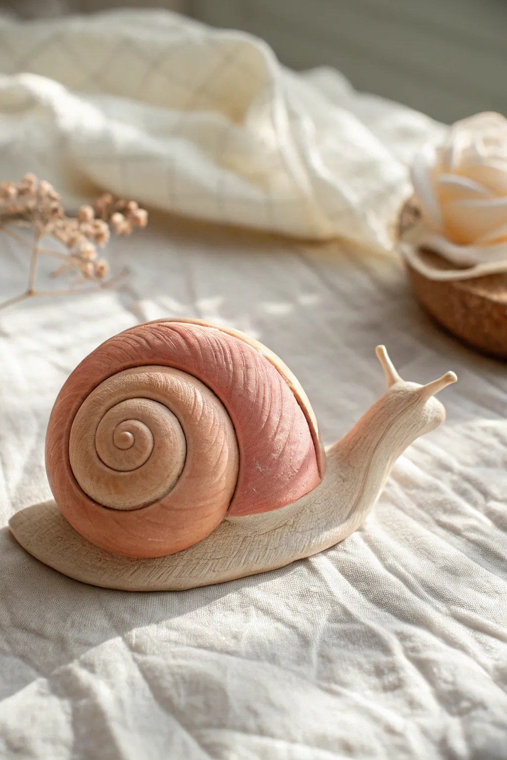 Beginner spiral-shell snail in marbled clay, minimalist and feminine with cozy natural contrast.