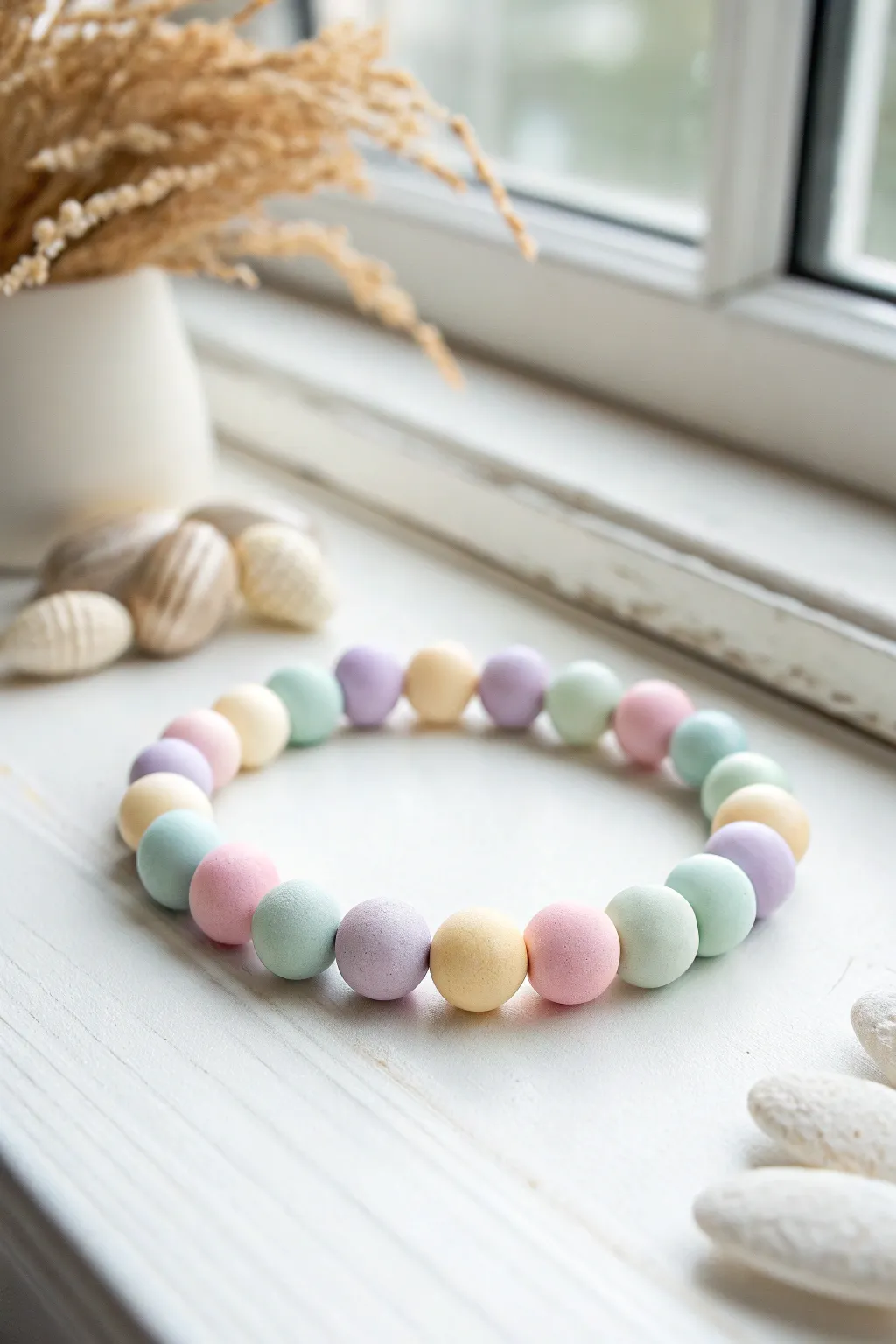 Soft sorbet pastel clay bead bracelet flat lay, minimal and airy with handcrafted charm