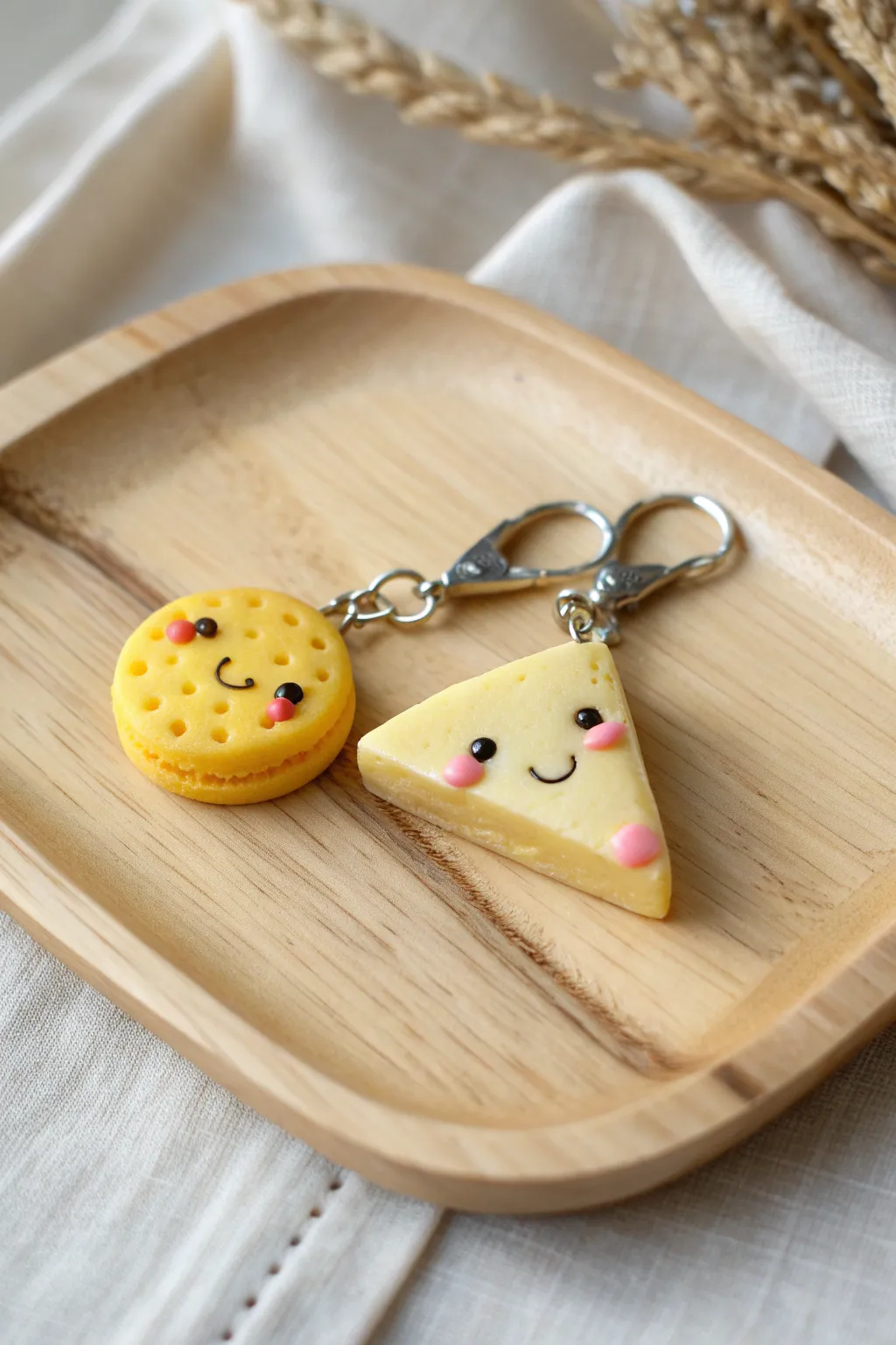 Mac and cheese bestie mini charms with matching faces, styled in soft Scandinavian boho neutrals.