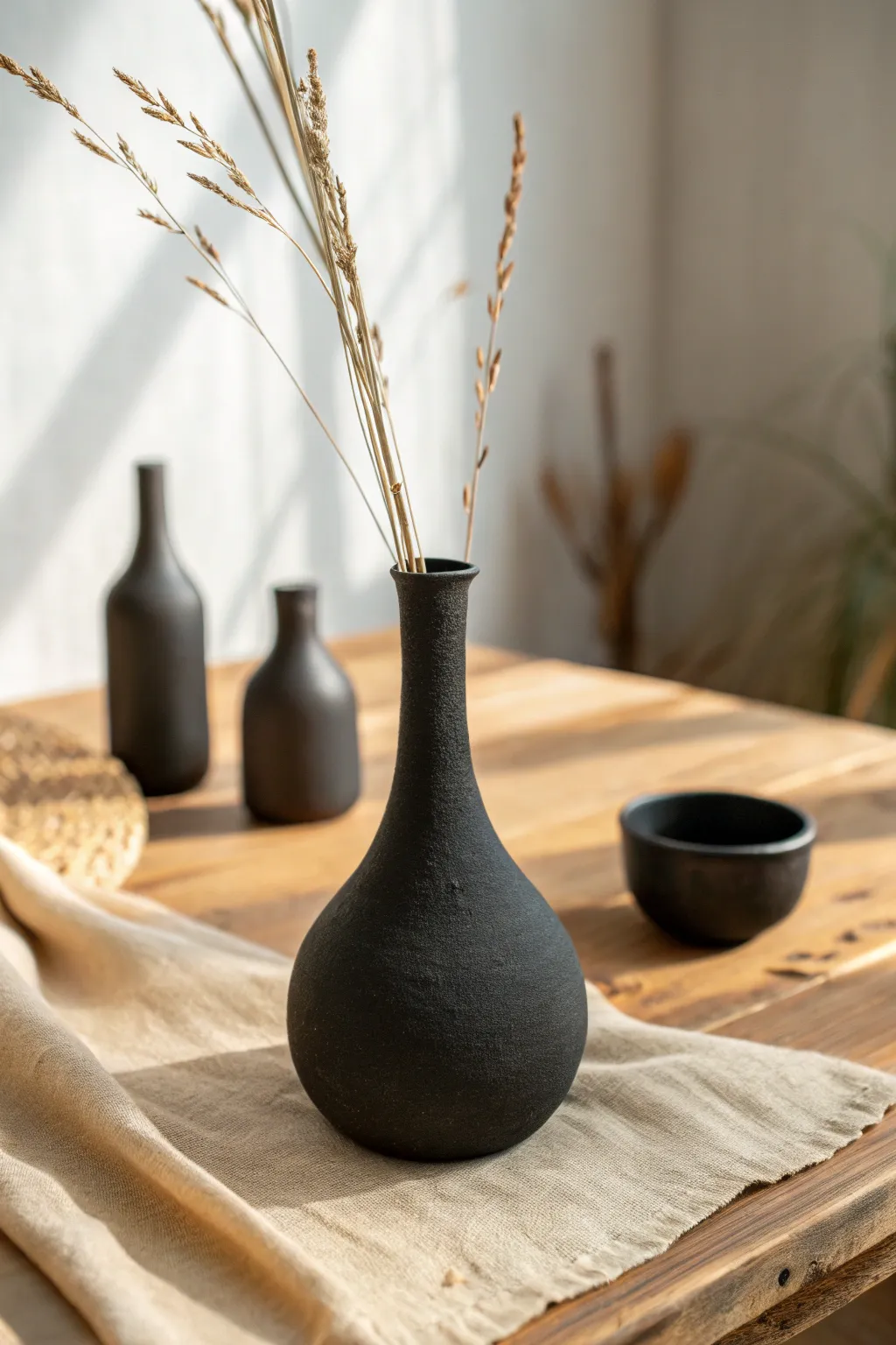 Modern black clay bud vase with dried stems, minimalist Scandinavian styling and soft shadows.
