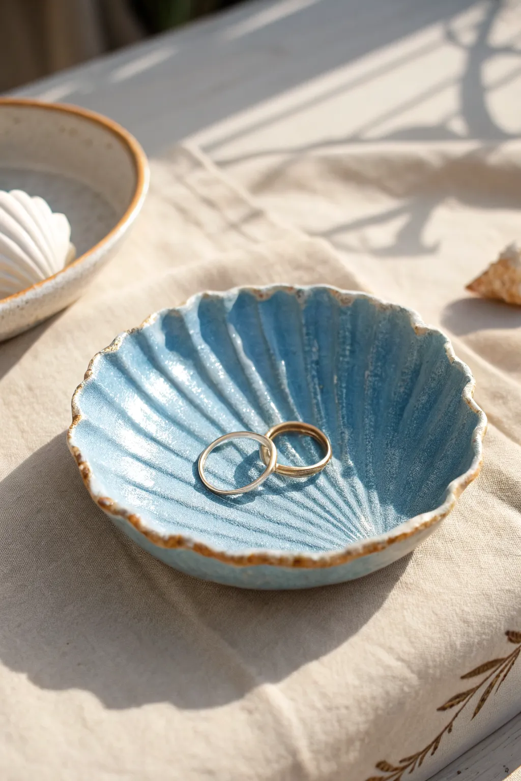Blue scallop ring dish with pearly edge, minimalist and boho, the sweetest catch-all.