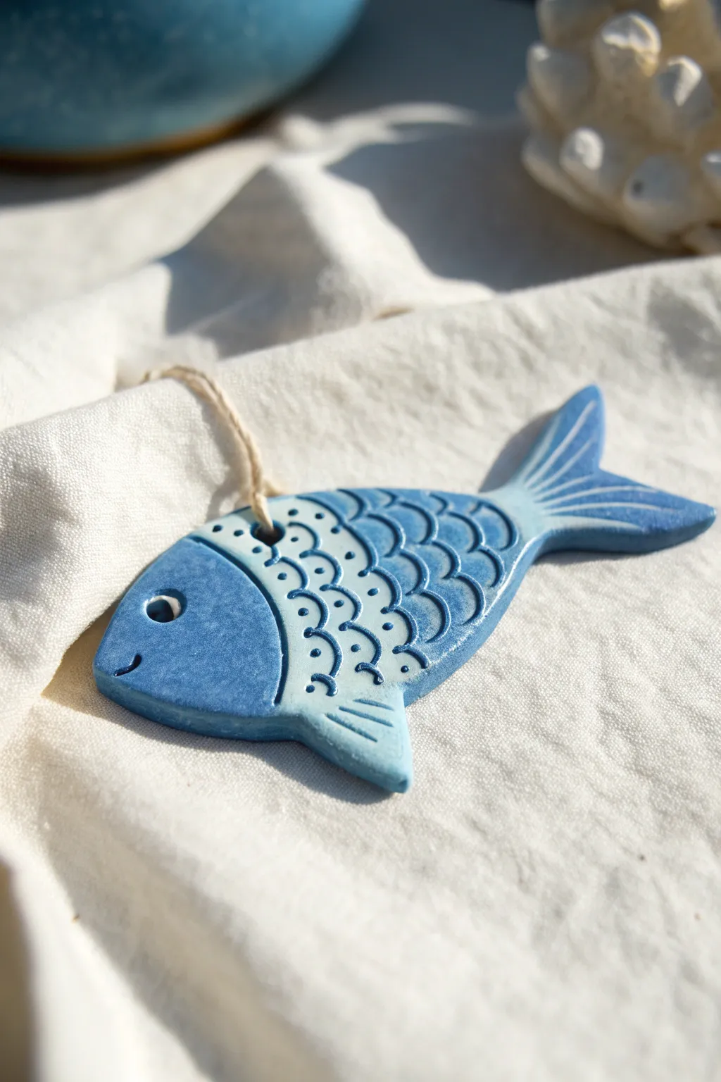 Two-tone blue clay fish with dotted scales, minimalist and boho, popping against a soft light backdrop.