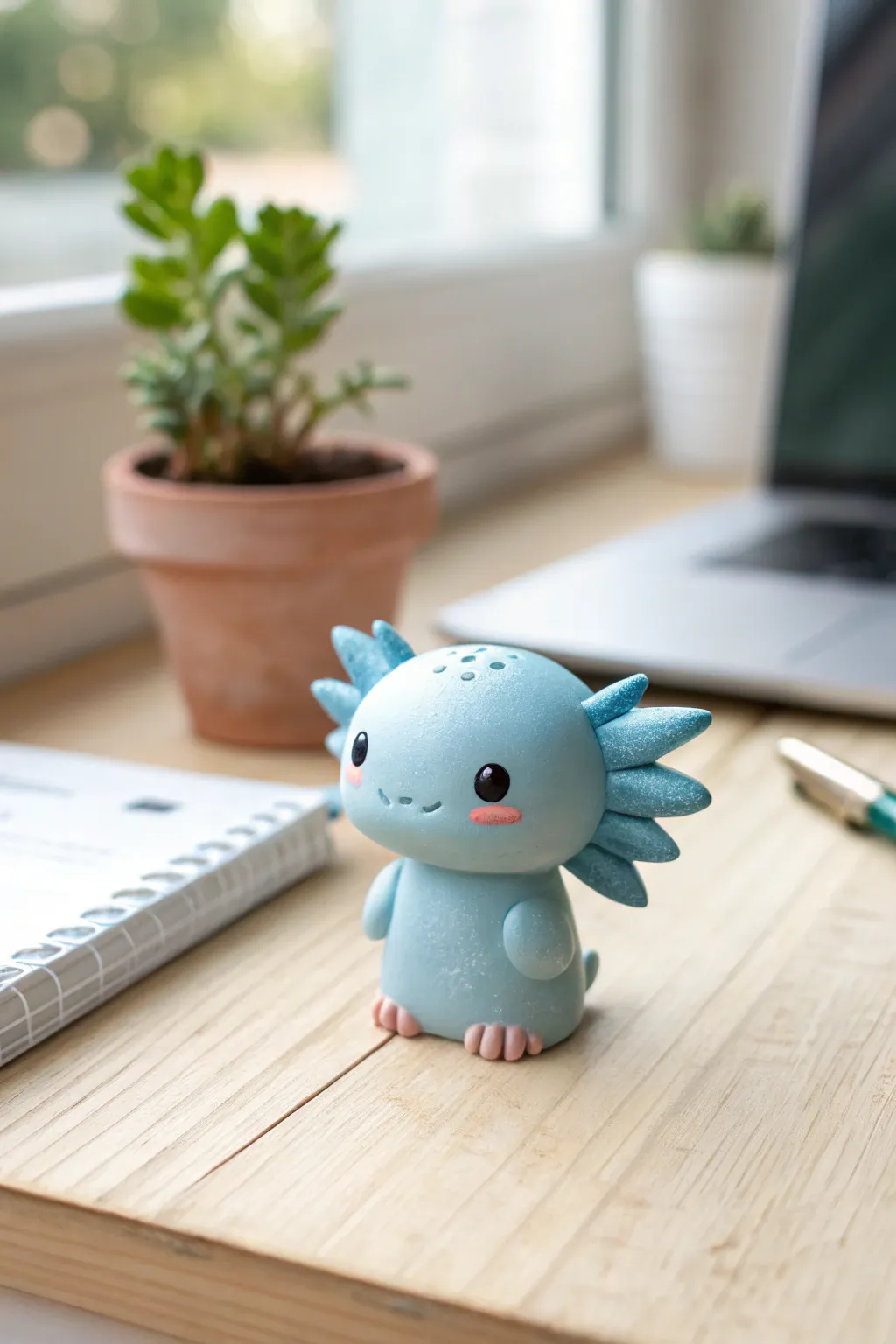 Pastel-blue chibi axolotl polymer clay desk pet in minimalist Scandinavian style with soft boho warmth