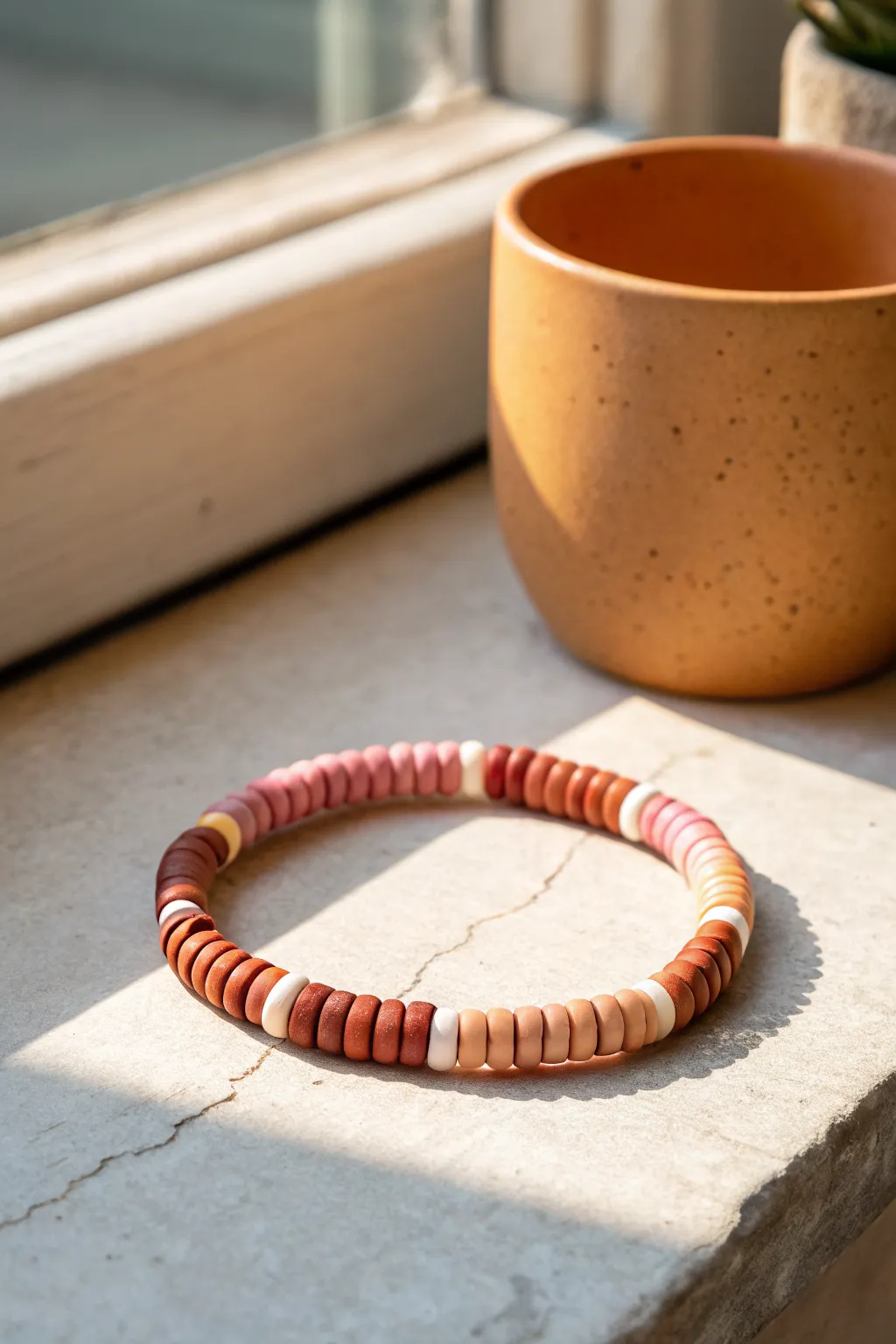 Desert sunset ombre heishi bracelet in rust, blush, and sand for effortless boho style.