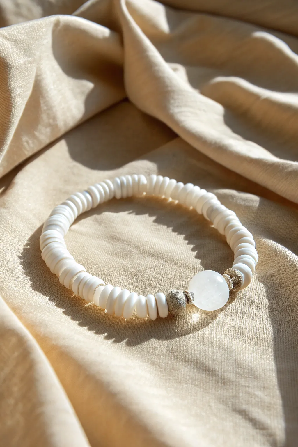 All-white heishi clay bracelet with matte discs and glossy texture pops on soft beige linen