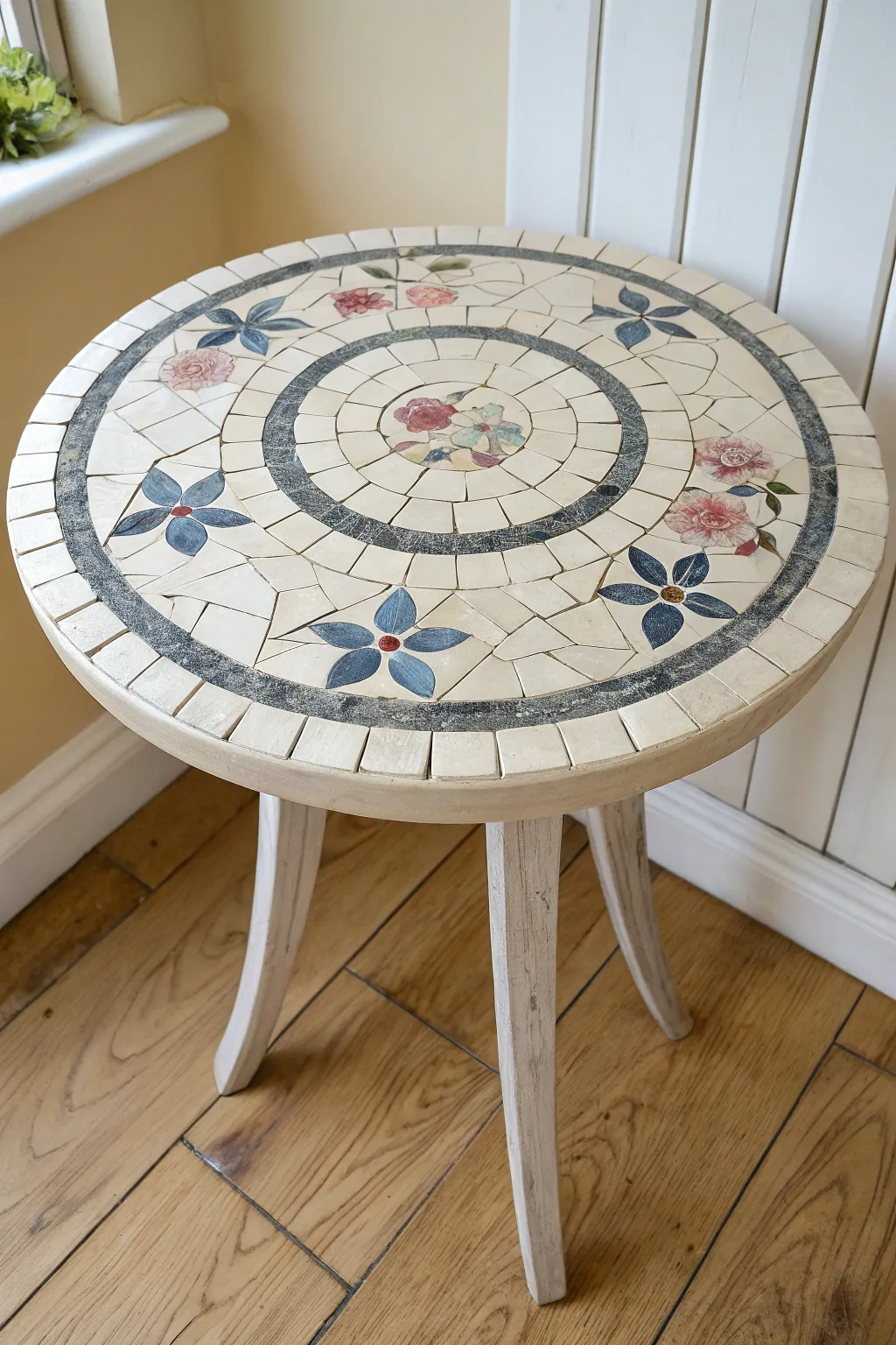 Minimalist mosaic tabletop: concentric broken china rings with crisp grout for bold contrast.