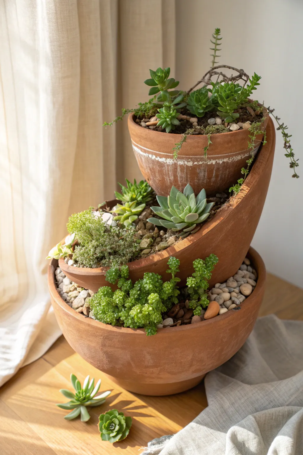 Two-level broken clay pot stack with hardy greenery for a simple, timeless terrace look