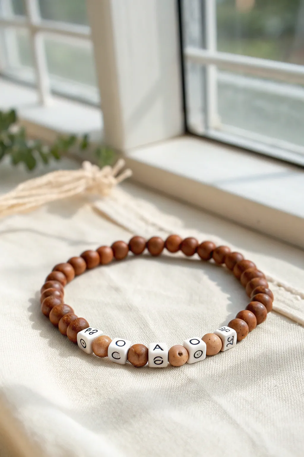 Earthy brown clay beads with minimal white name beads for a calm, modern boho look.