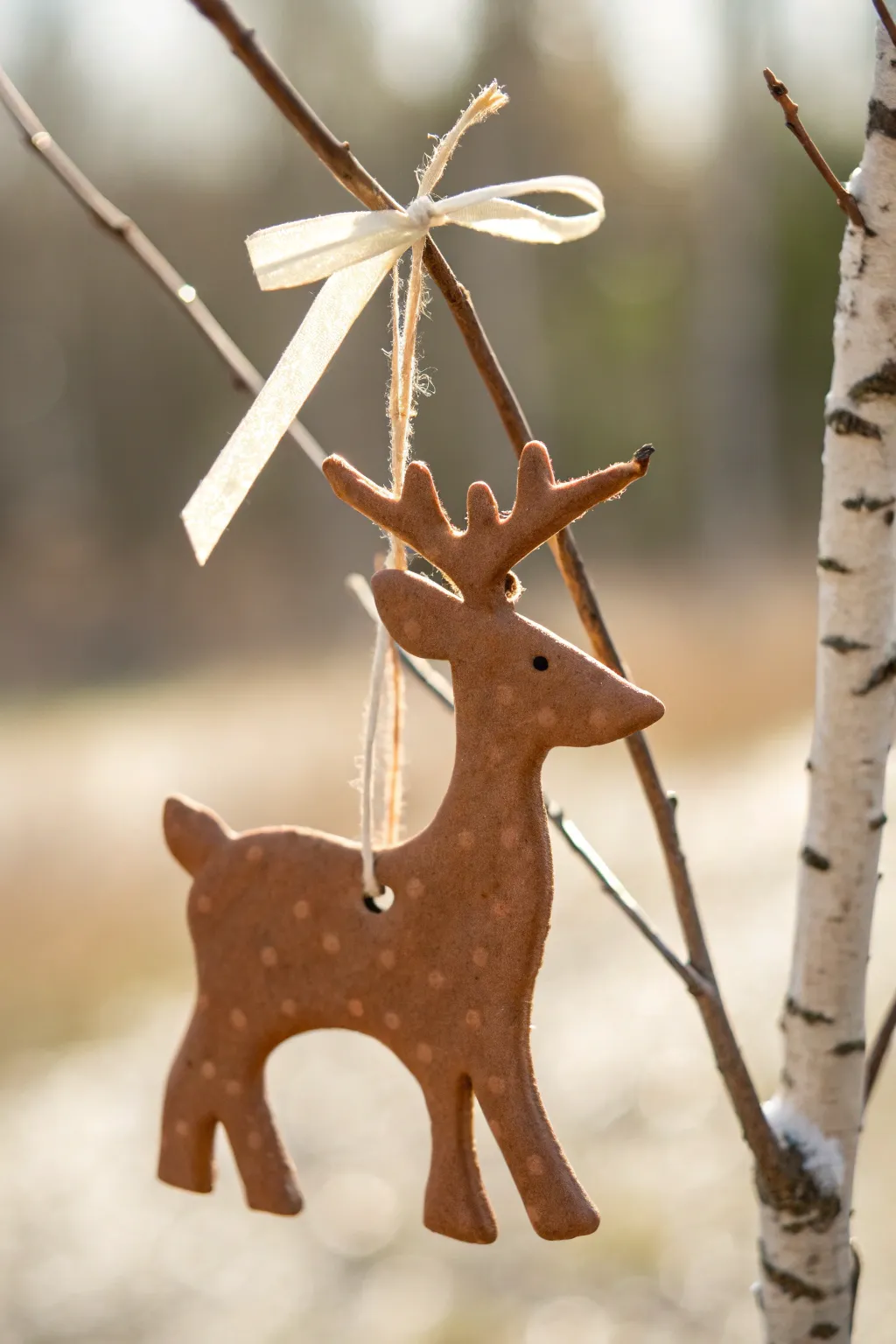 Minimal brown clay deer ornament with linen ribbon, hanging simply for warm Scandinavian charm