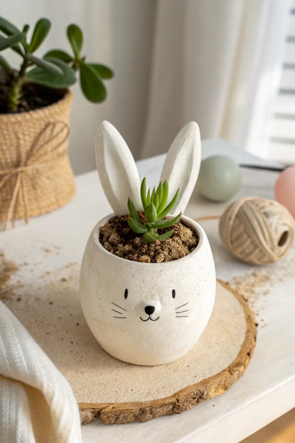 Minimal bunny planter with perky ears and a tiny succulent, perfect for Scandinavian boho decor.