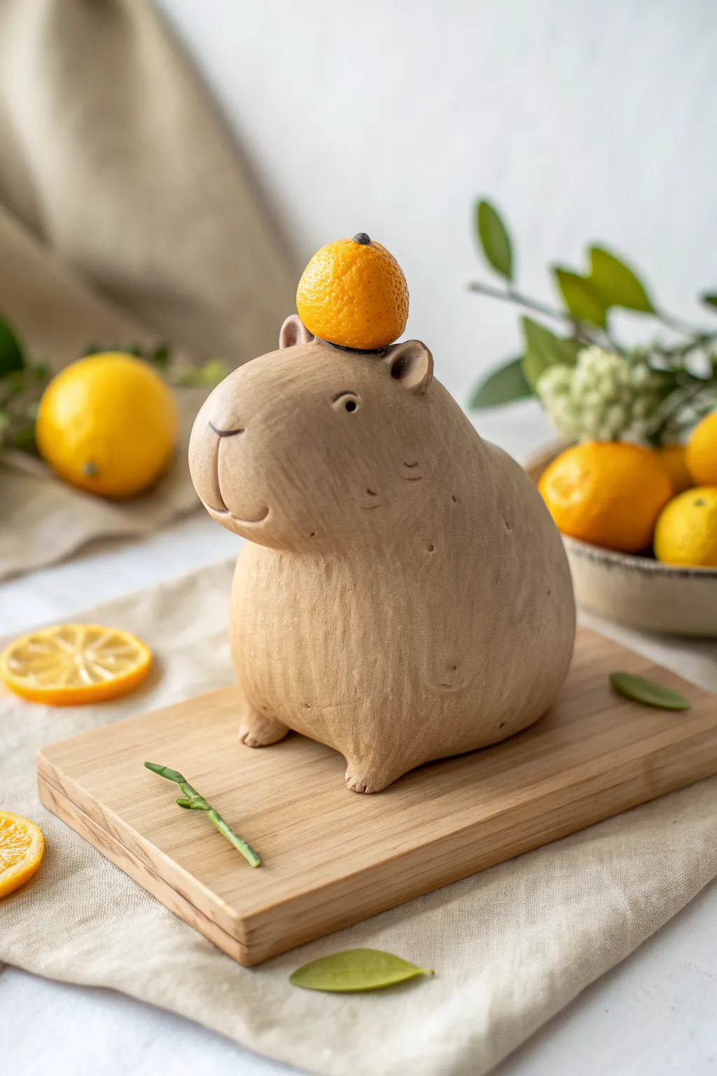 Sweet capybara clay charm with a tiny citrus topper, minimal styling and cozy natural tones