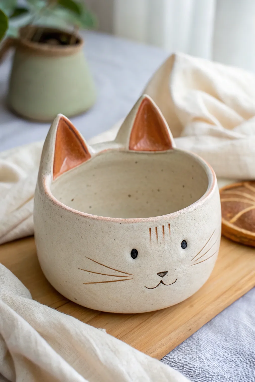 Chunky cat pinch pot with bold triangle slab ears and a clean two-tone glaze pop.