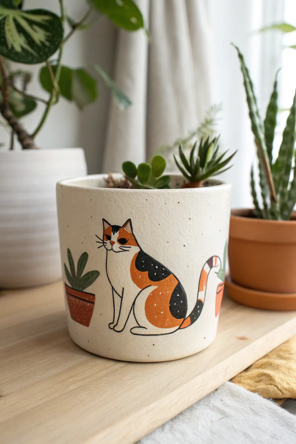 Minimal patchwork calico cat planter with crisp outlines for an easy, cozy pottery paint idea