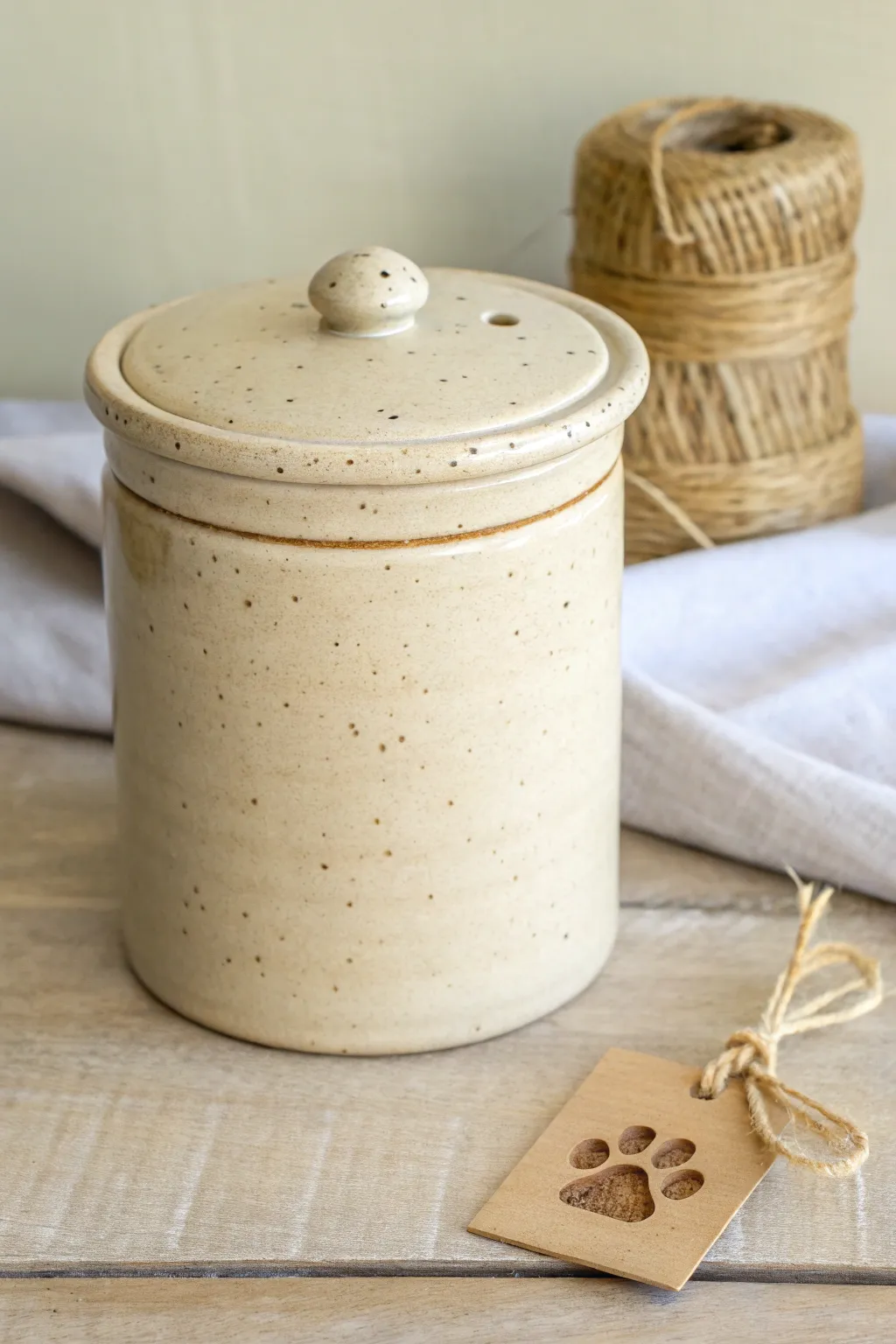 Minimal dog treat jar with sculpted paw lid in neutral glaze, Scandinavian calm with boho warmth