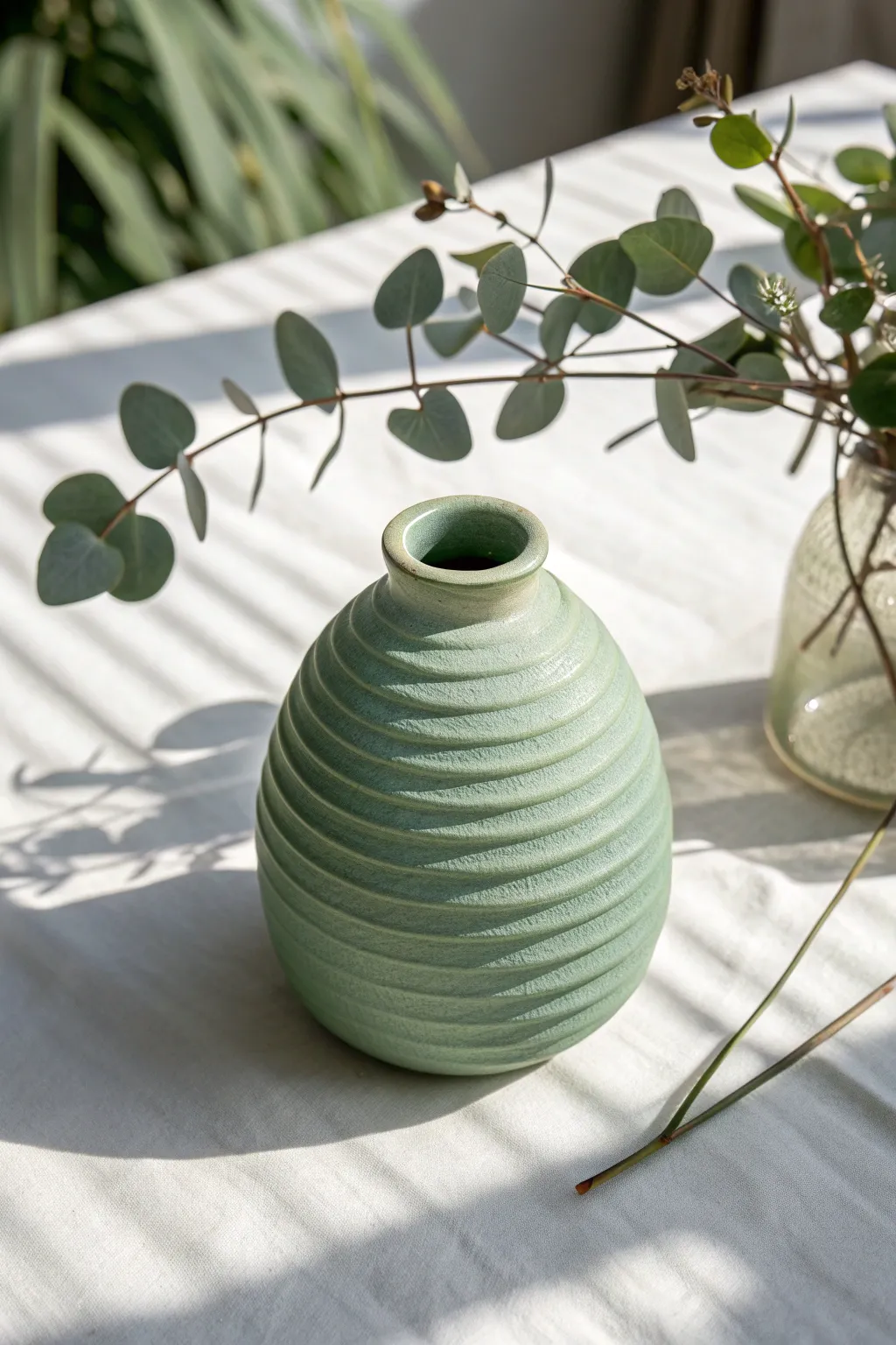 Minimal coil-built worm vase with tactile lines and simple stems, sunlit Scandinavian calm
