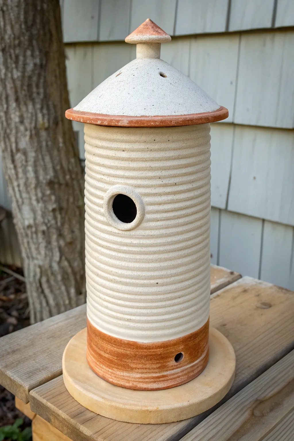 Coil-built silo birdhouse with a soft two-tone glaze break, simple lines, cozy boho charm.