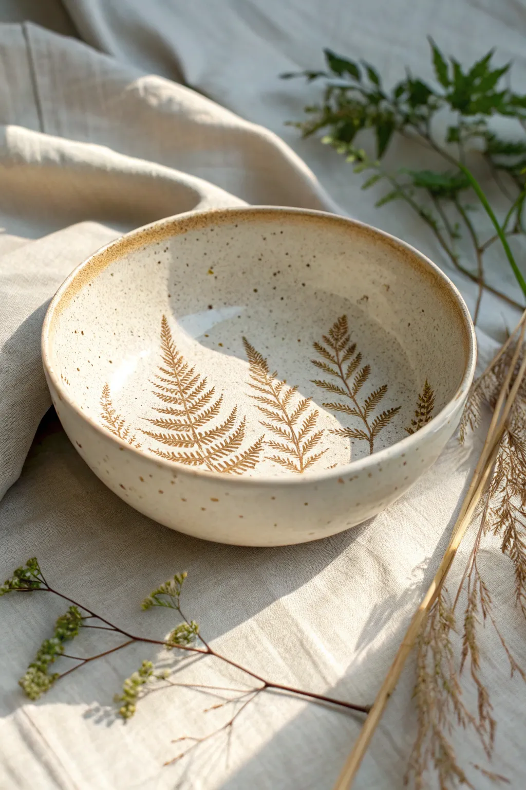Soft-glazed bowl with fern imprints, a minimalist botanical texture for effortless decor