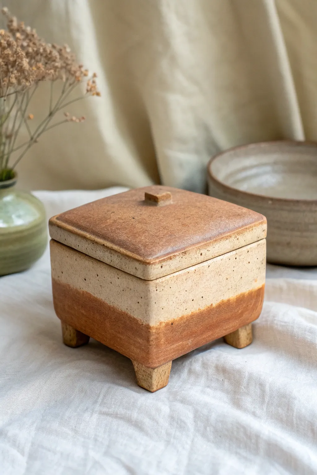 Minimal footed ceramic box with lid on chunky slab feet in warm earthy glaze.