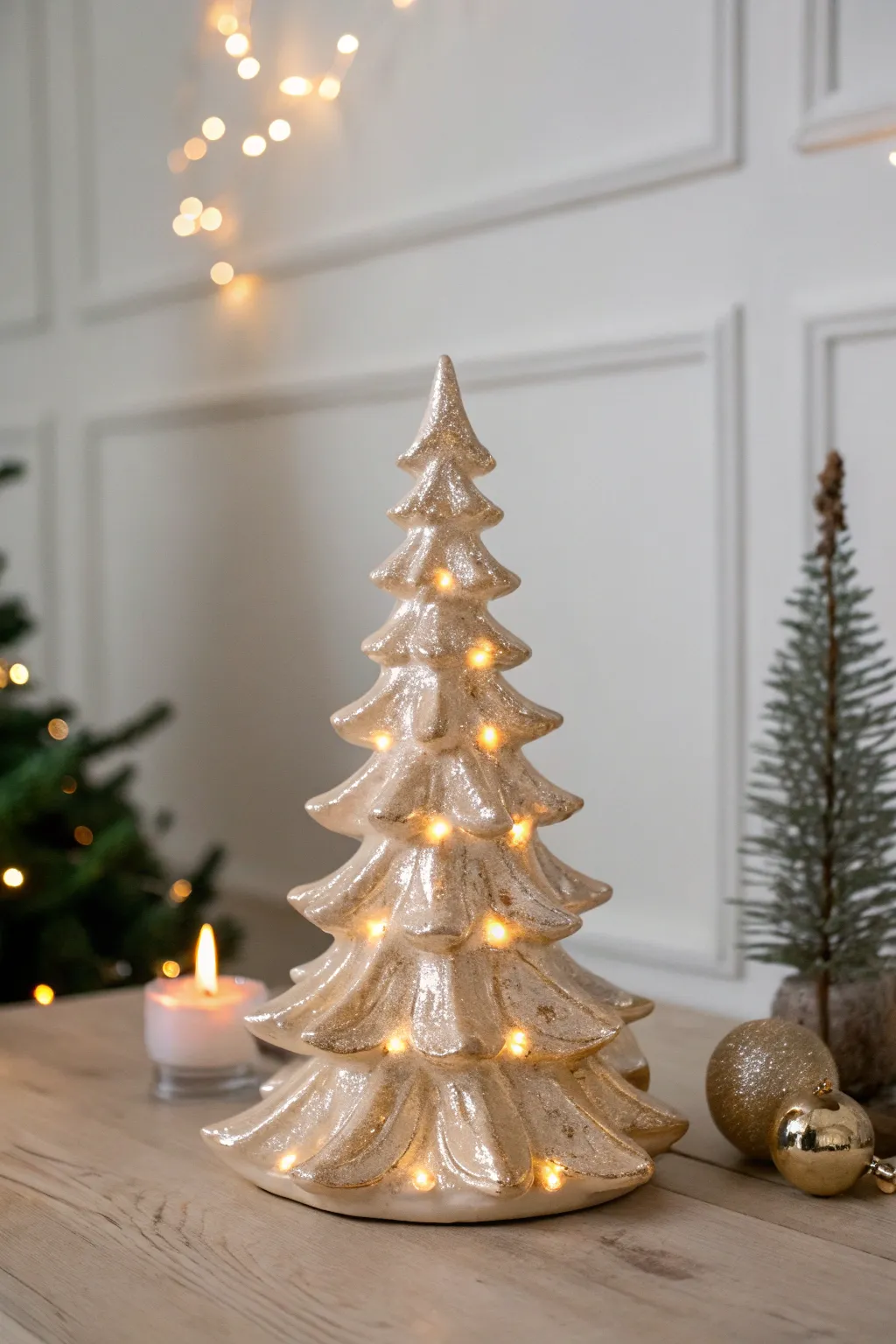 Champagne metallic ceramic tree with warm lights, creating a soft cozy glow in minimalist decor