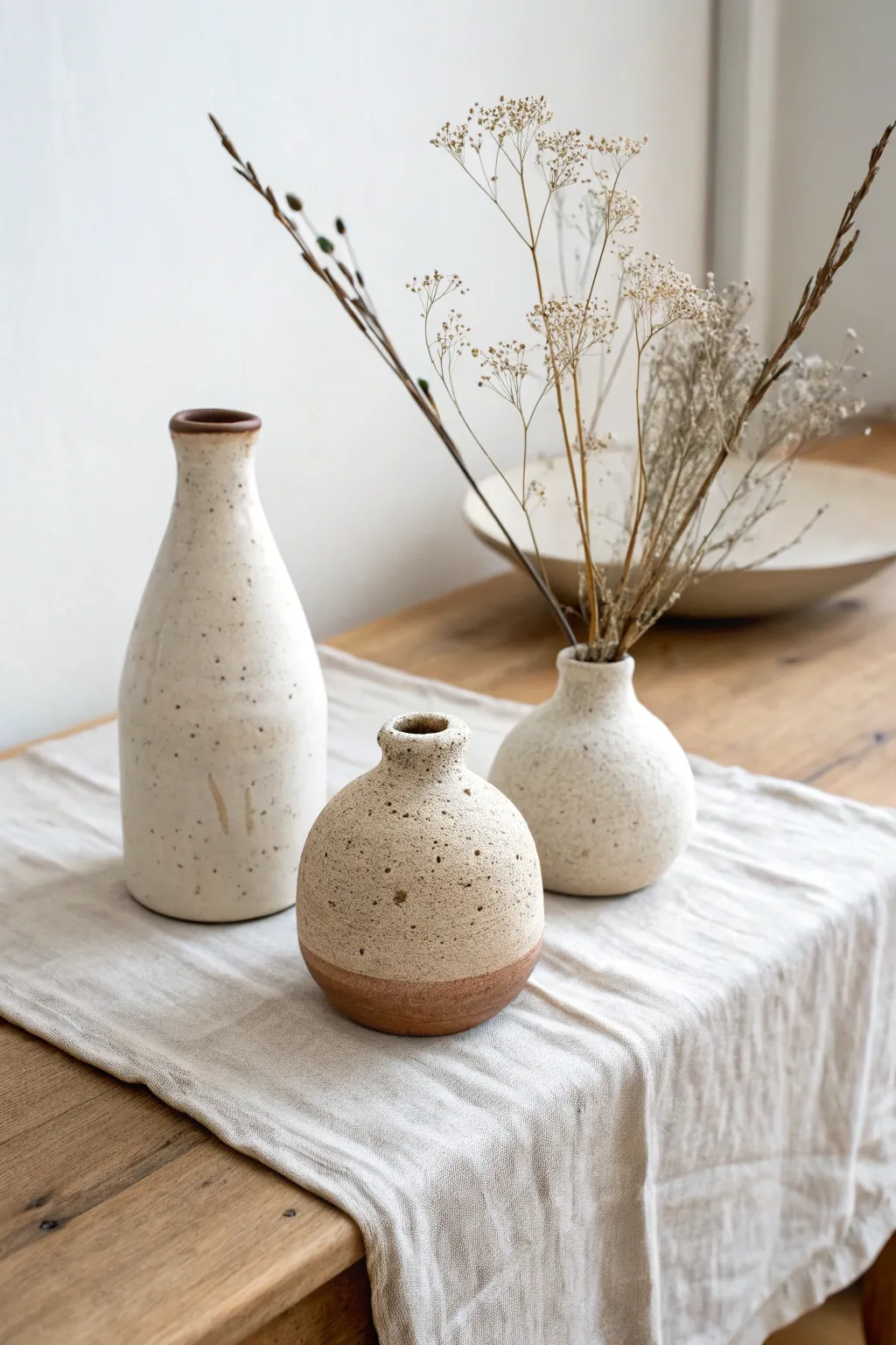 Mini bud vases in simple silhouettes, styled with dried stems for calm, modern clay decor