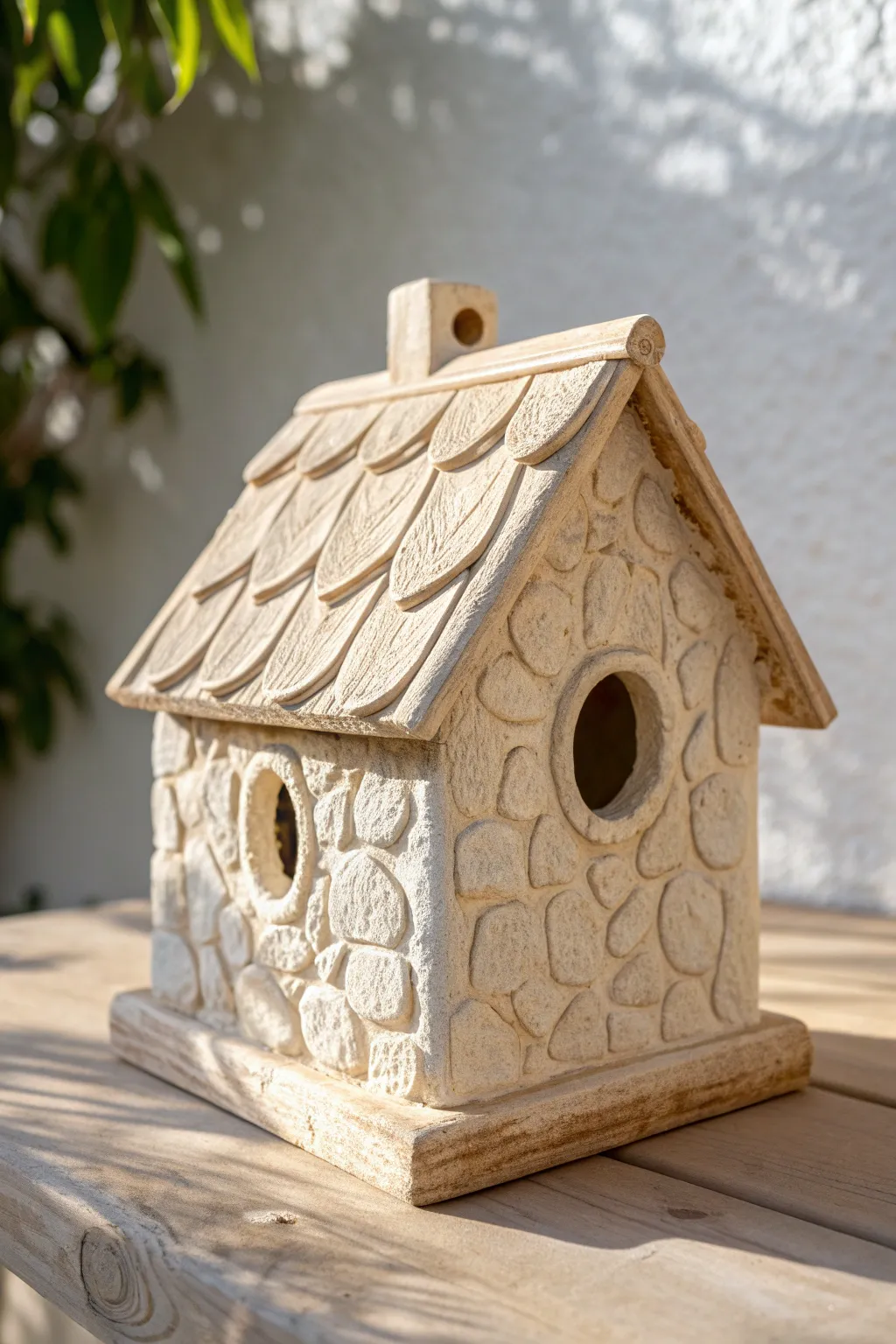 Impressed stone texture clay cottage birdhouse with arched entry, minimalist and naturally beautiful.