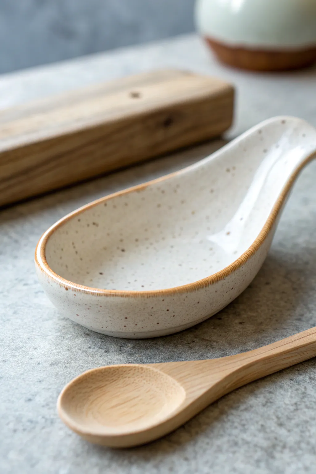 Modern curved ceramic spoon rest in matte white, paired with a simple wooden spoon on stone.