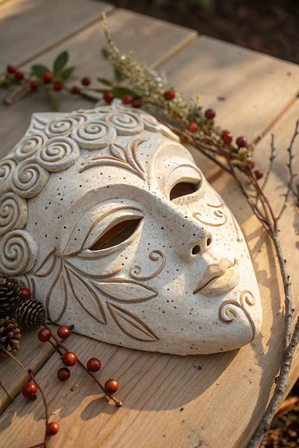 Vine-wrapped ceramic spirit mask with soft berries, warm light, and woodland calm