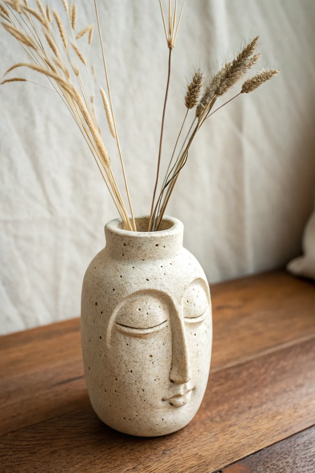 Minimal face vase with closed eyes and dried stems, a calm handmade ceramic statement piece