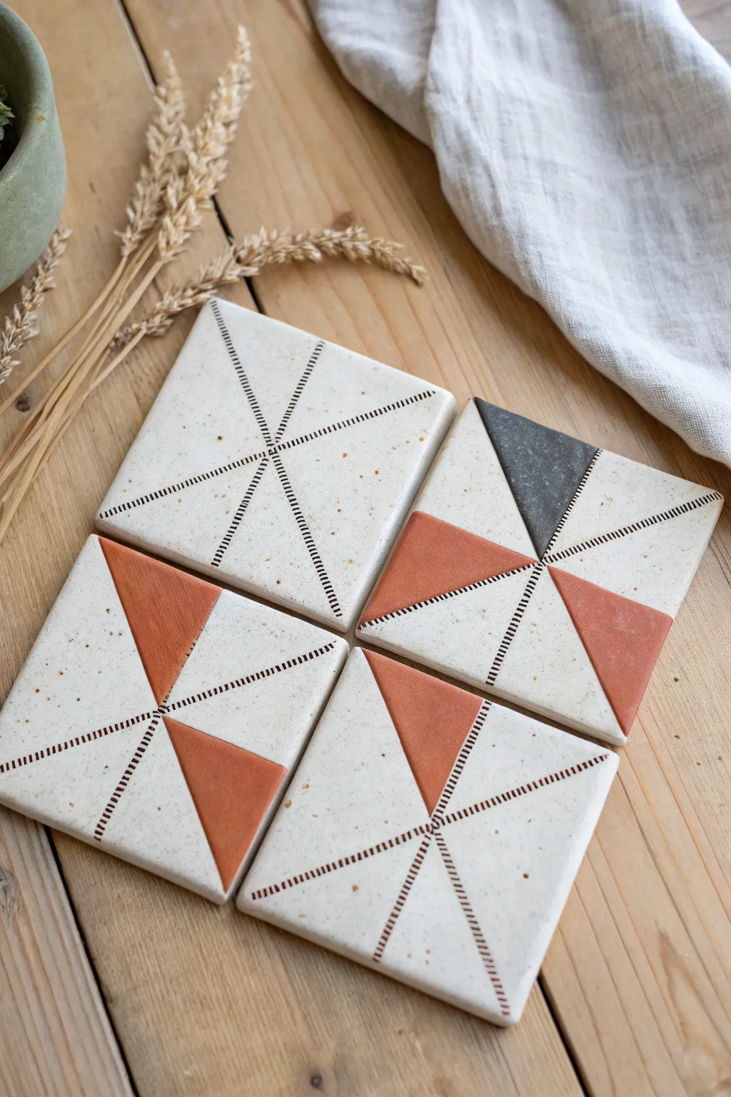 Modular square clay tiles that assemble into a crisp tessellating triangle pattern, minimalist and warm.