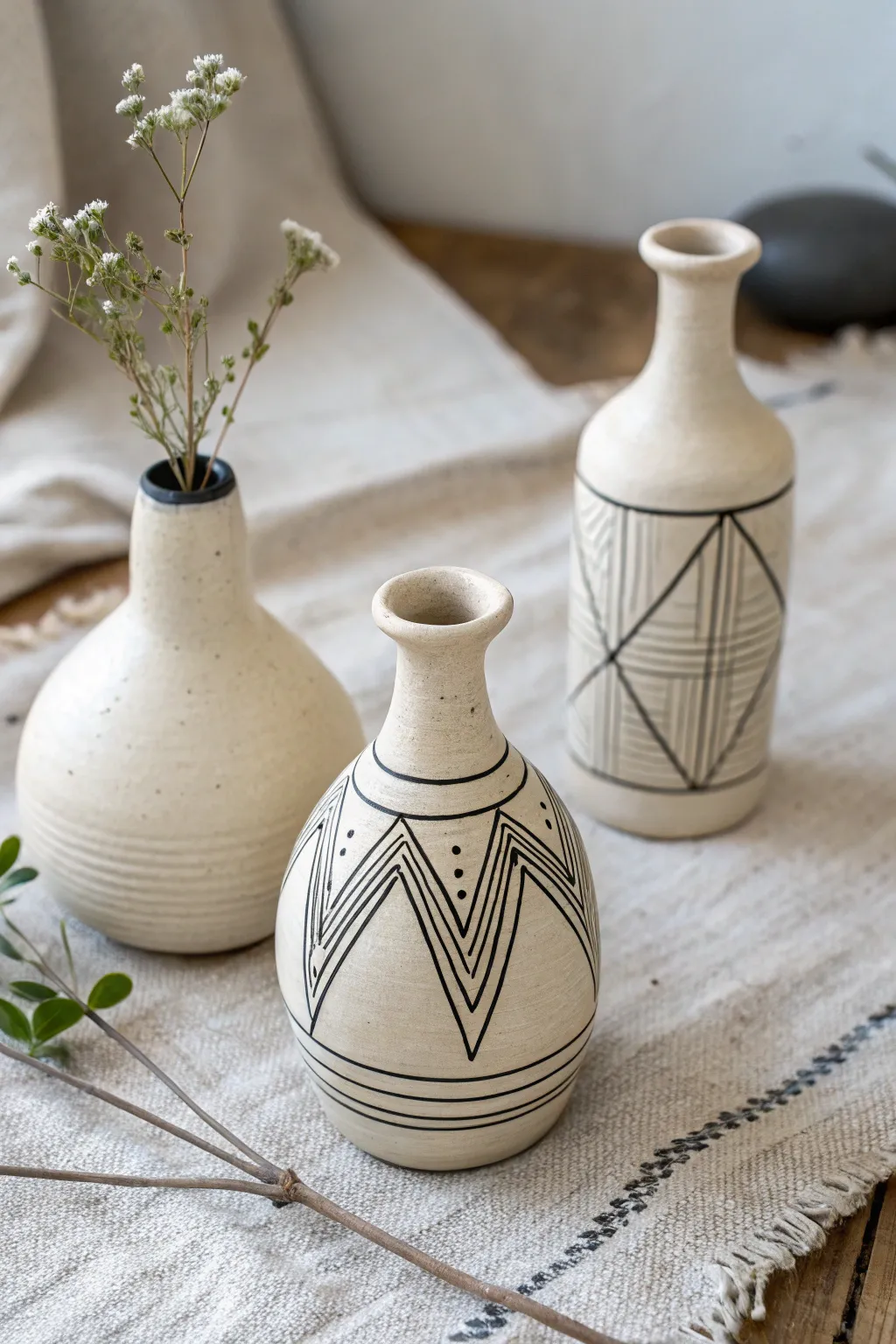 Three mini vases with grid, triangle, and chevron lines for effortless geometric ceramic style.