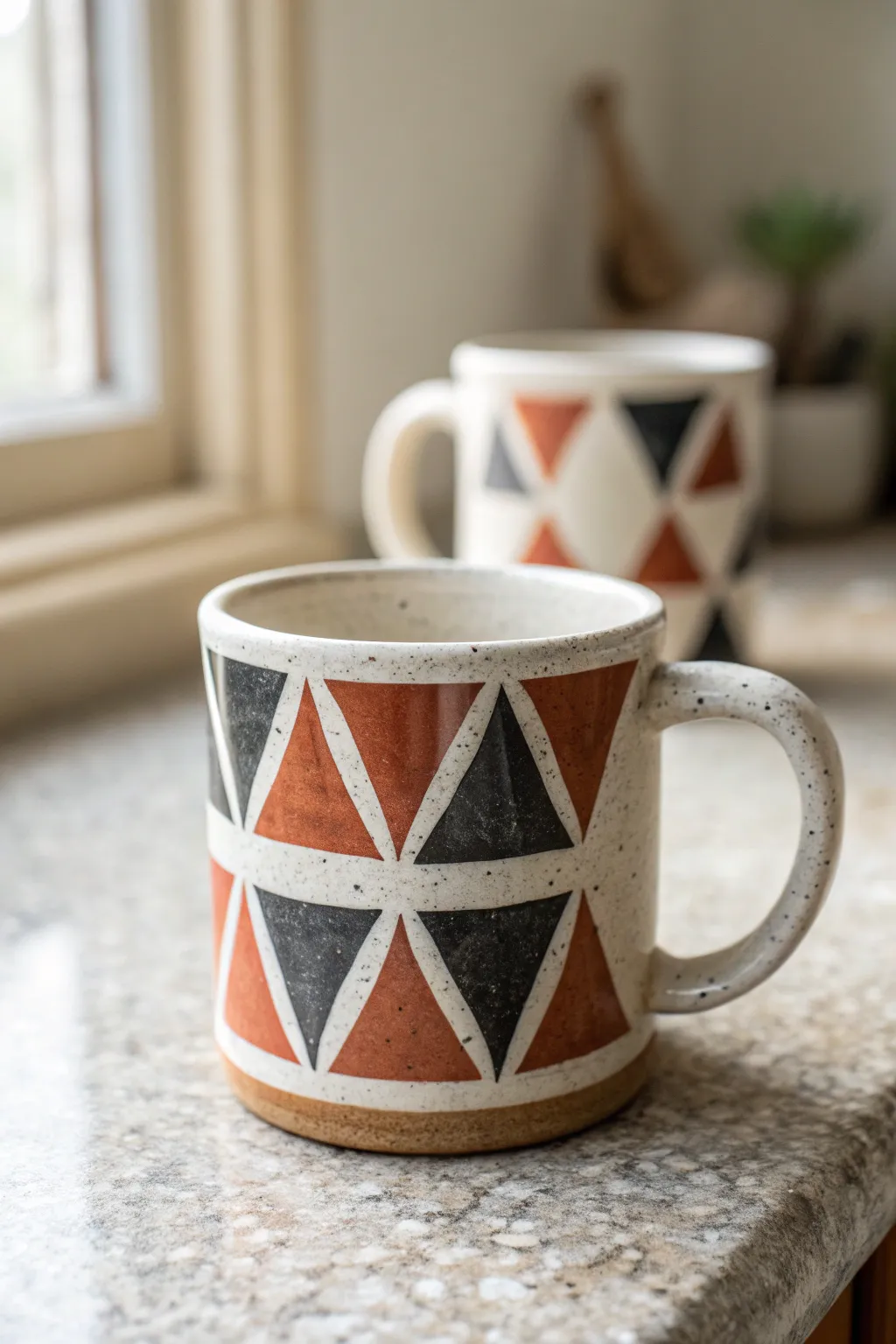 Bold geometric blocks on handmade mugs, minimalist Nordic style with a warm boho touch.