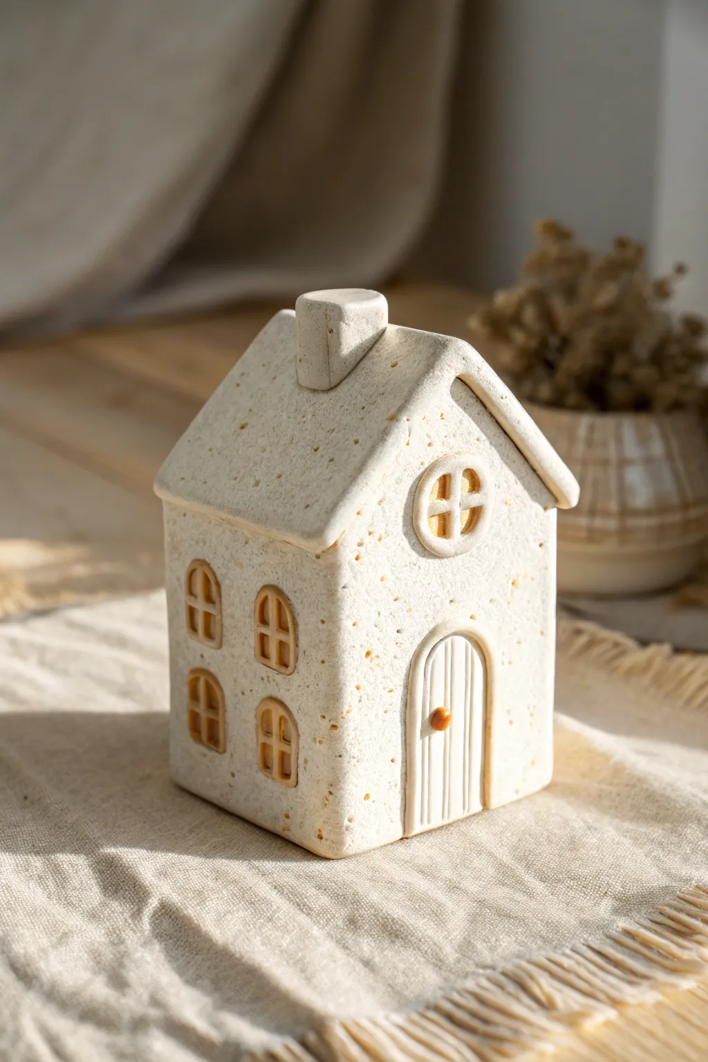Sweet raised door and shutter details that make a simple ceramic house feel charming.