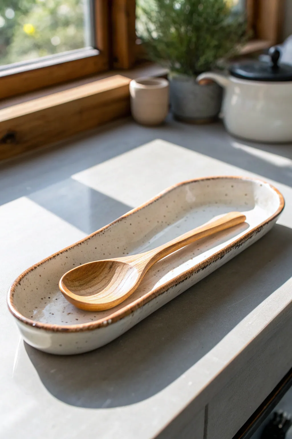 A glossy handmade spoon rest that adds calm, beautiful order to your everyday cooking