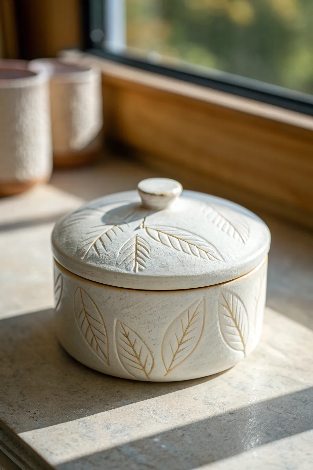 Slab-built lidded treasure box with a simple nature motif, a perfect high school ceramics project