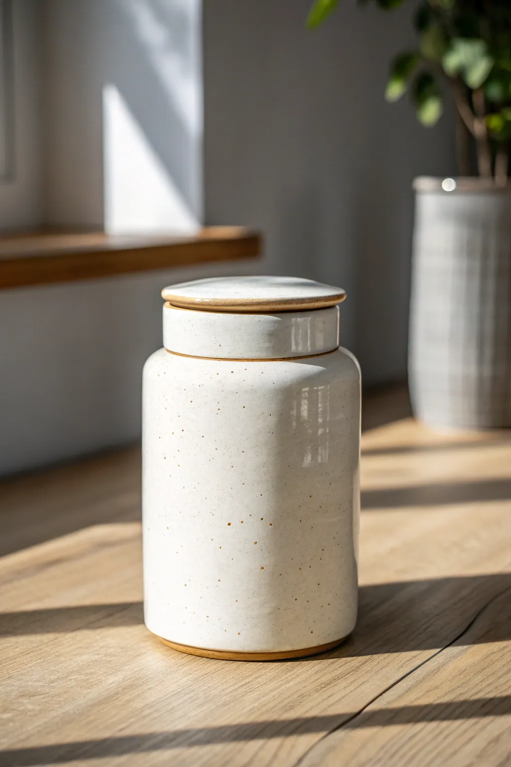 Minimal flush-fit lid ceramic jar with crisp lines, soft speckled glaze, and clean contrast