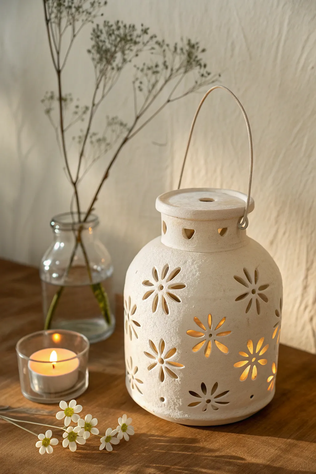 Warm floral cut-out ceramic lantern casting petal shadows, styled simply with a tiny vase
