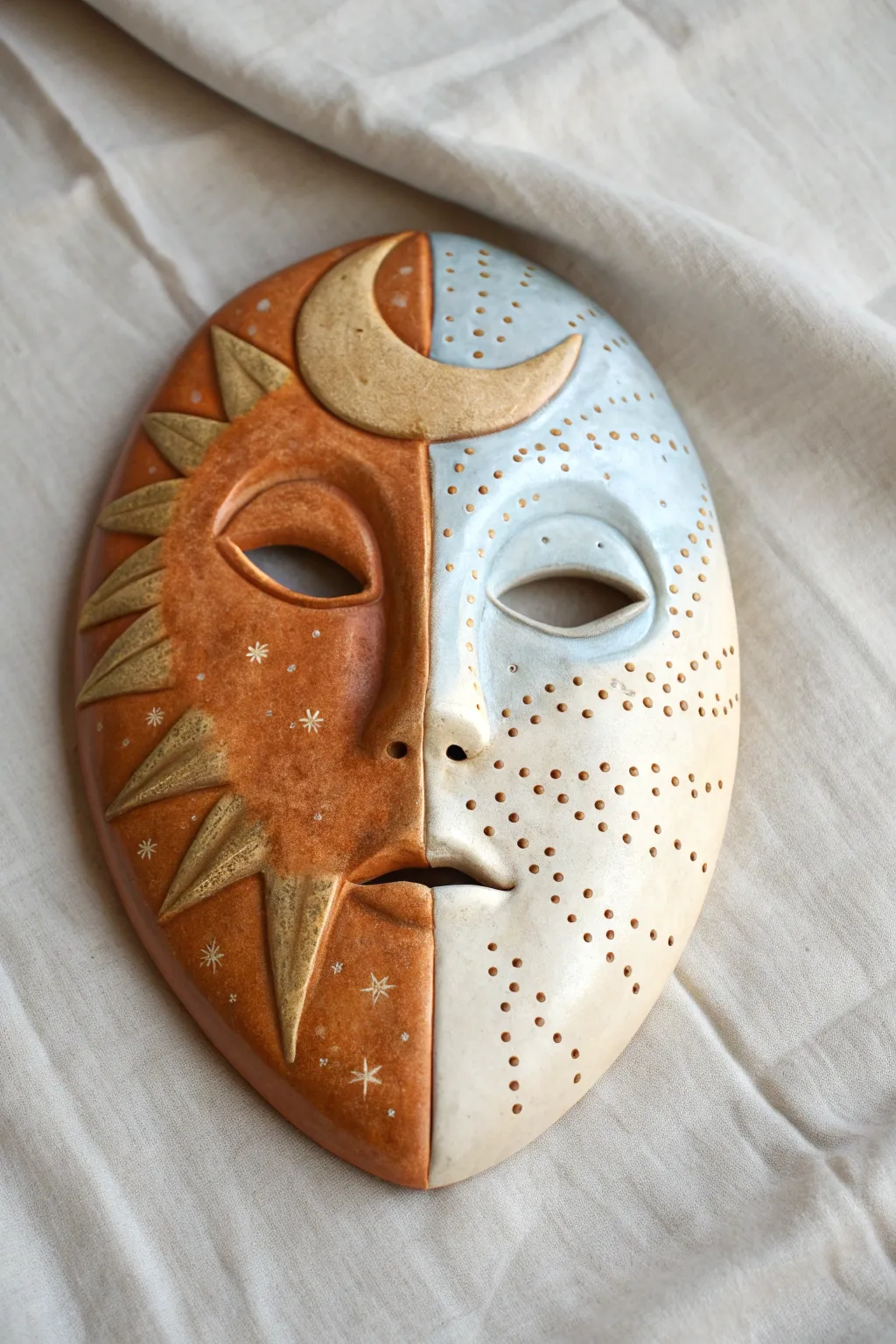 Sun and moon ceramic mask with warm and cool glazes, minimalist boho statement for your wall.