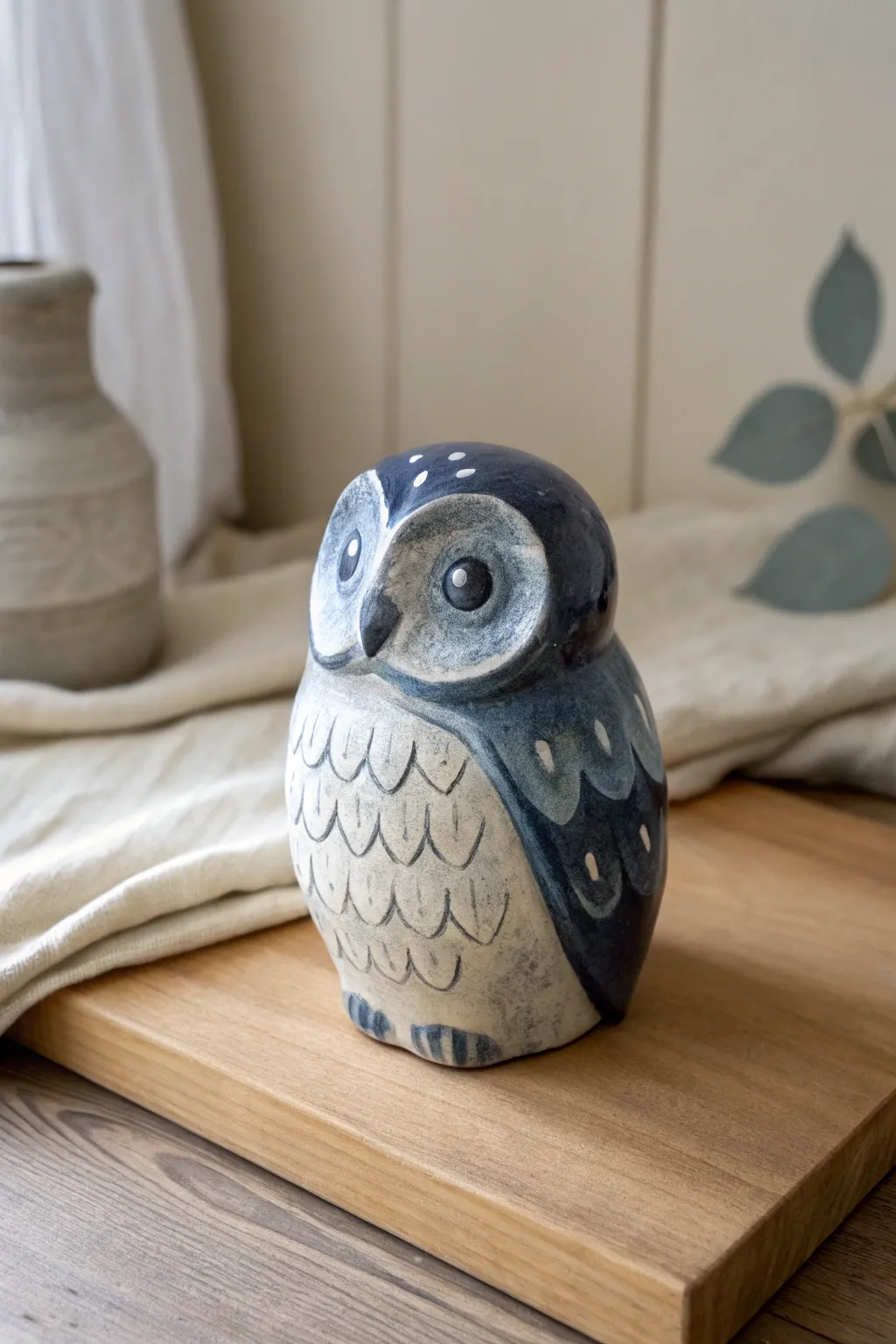 Moody ceramic owl with a deep base and translucent wash for a soft, layered painted finish.
