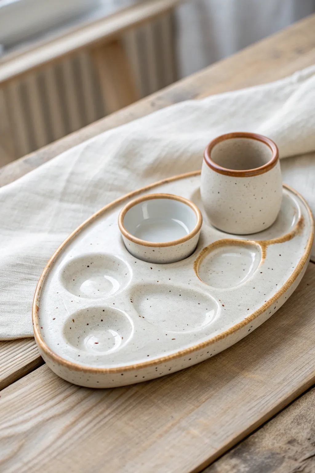 A compact ceramic palette with a built-in rinse cup for a calm, clutter-free painting setup.