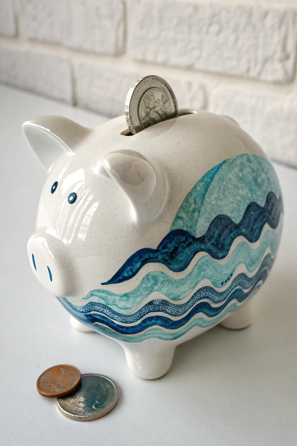 Ocean wave piggy bank in flowing blue underglaze, glossy finish, minimalist coastal charm
