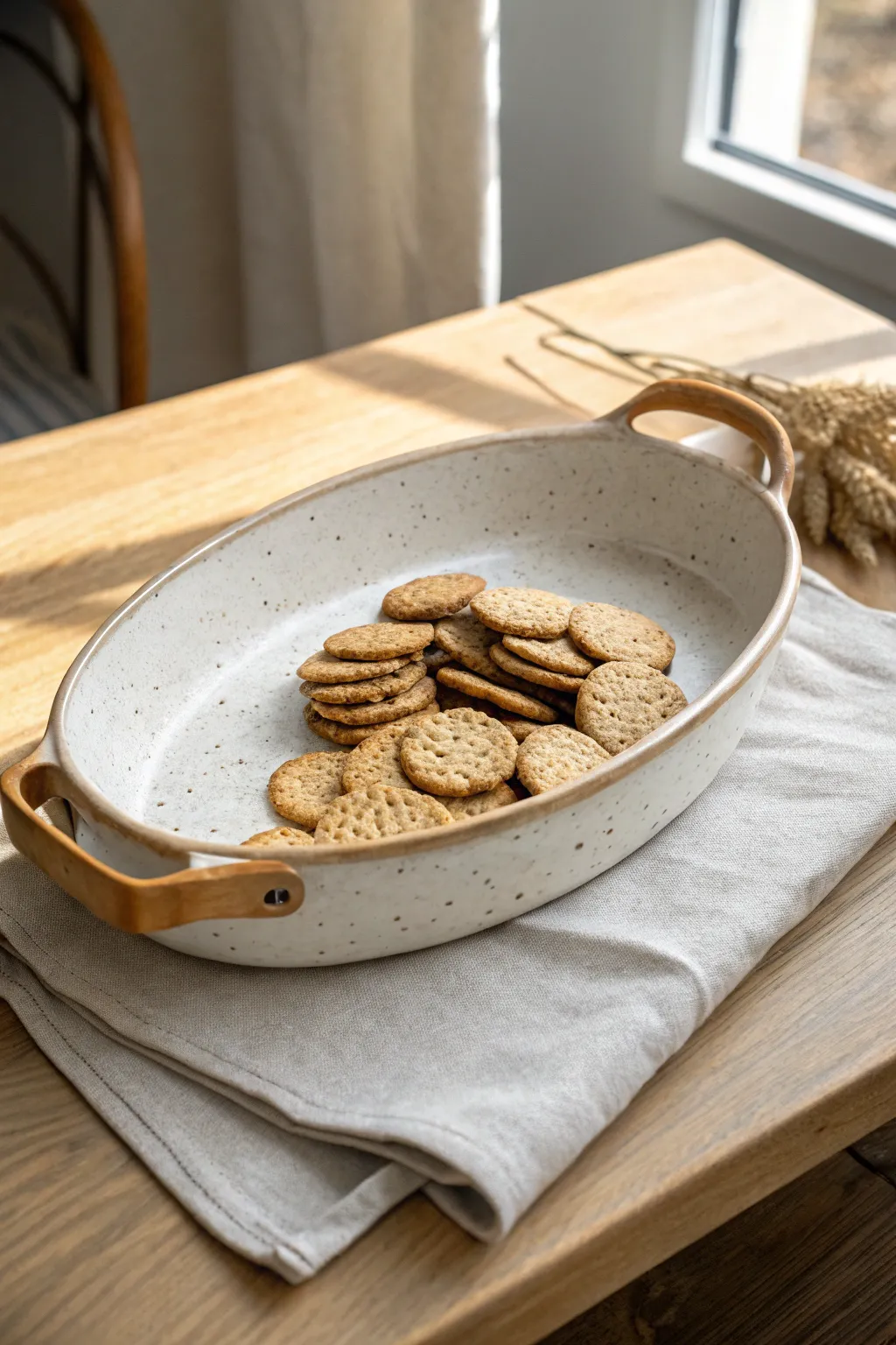 Minimal ceramic platter with built-in tab handles, styled with crackers for effortless hosting