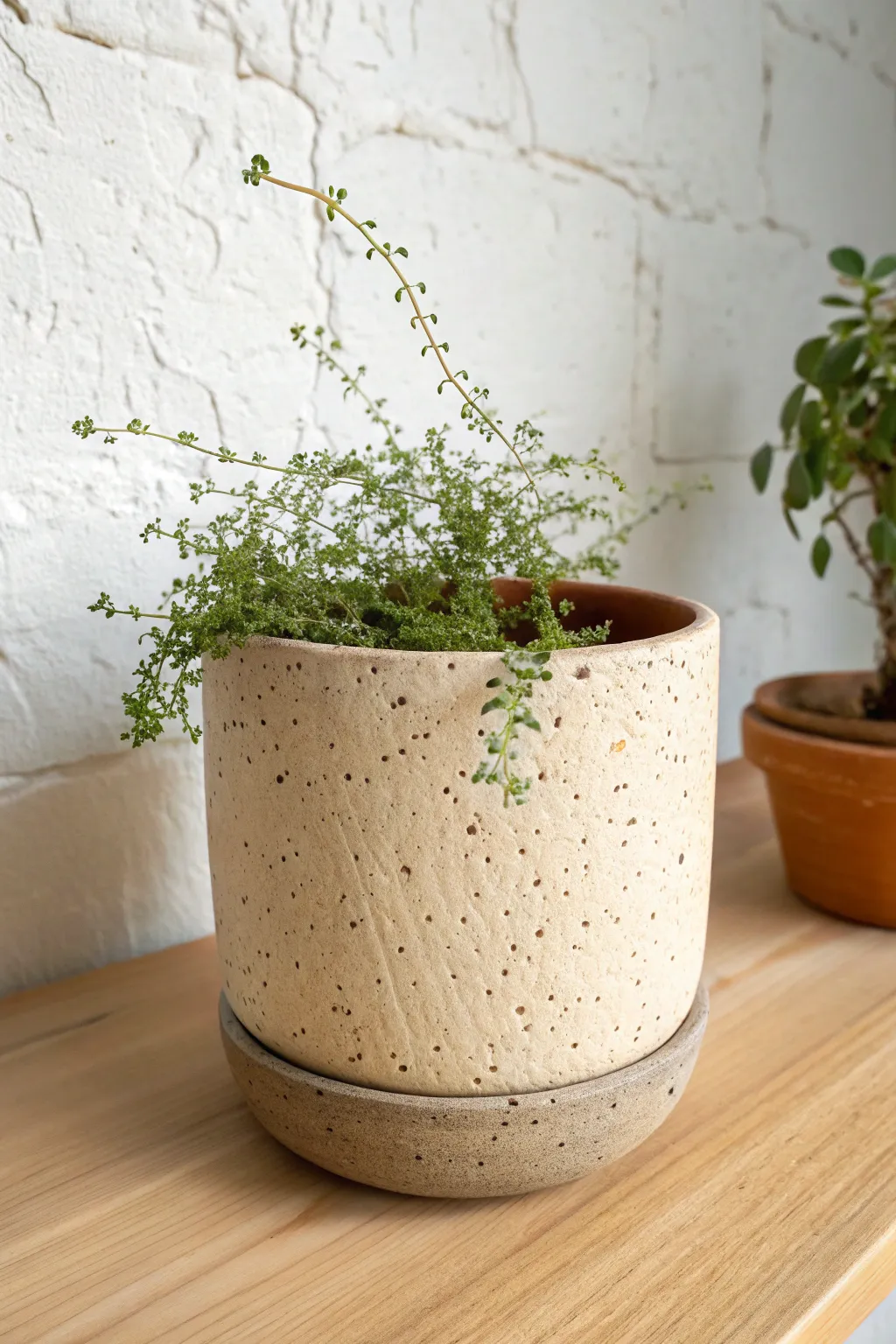 Neutral speckled stoneware-style planter with a petite trailing plant for calm handmade charm