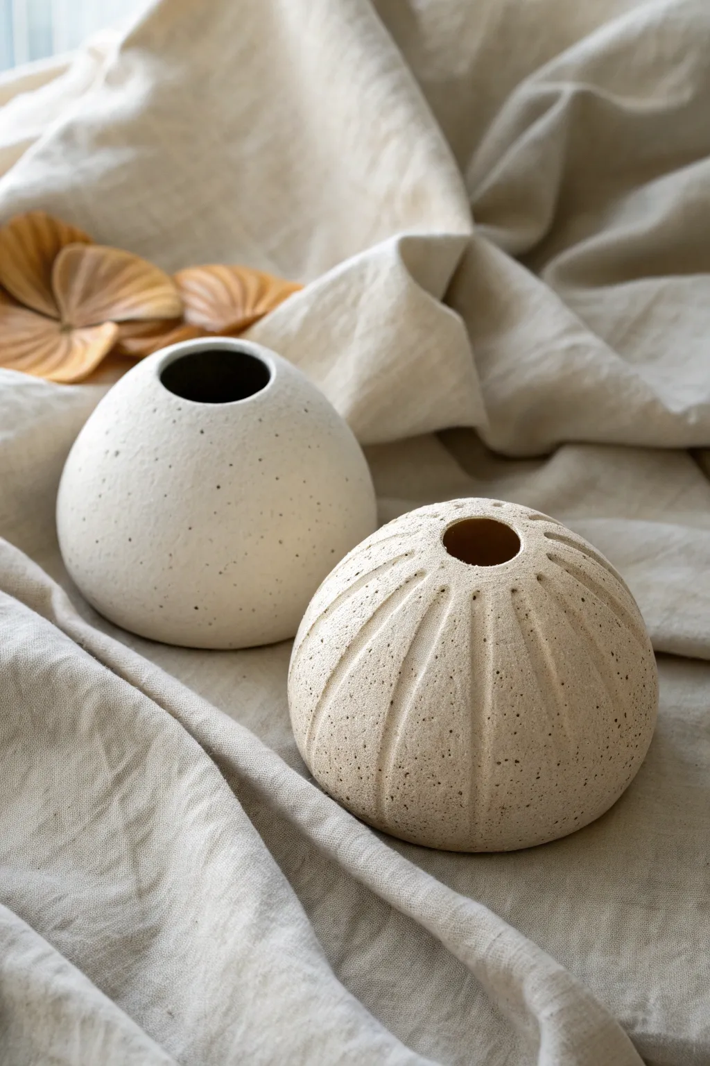 Minimal hollow ceramic seed pods with speckled texture on linen, nature-inspired and serene