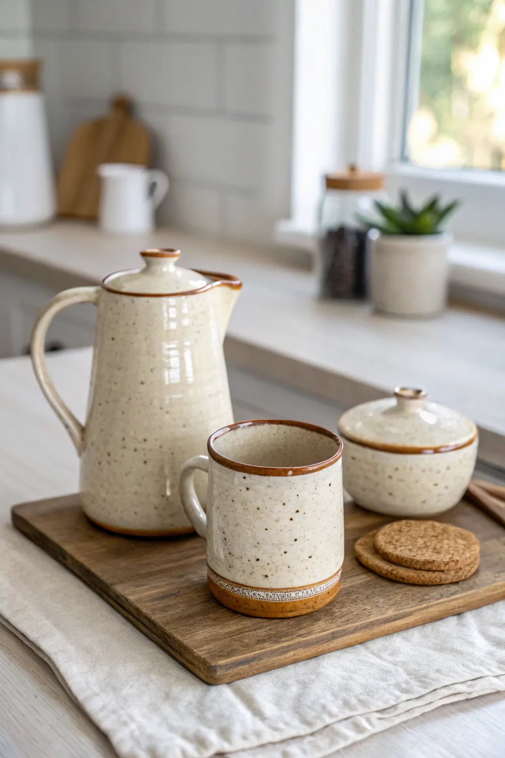Minimalist coffee station set: creamer in focus with matching mug and lidded sugar jar.
