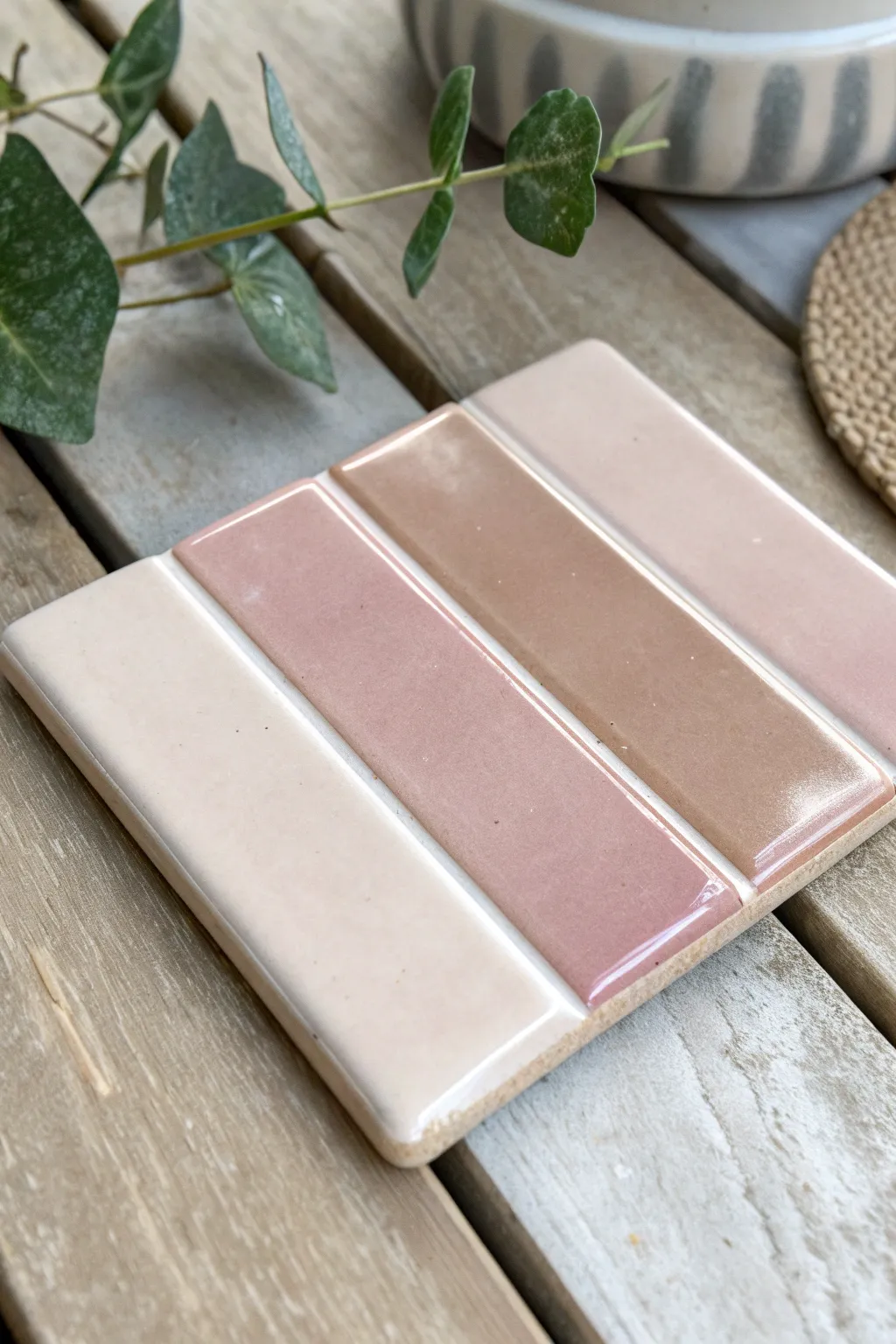 A three-stripe thickness test tile showing glaze from sheer to fully opaque in calm Nordic light.