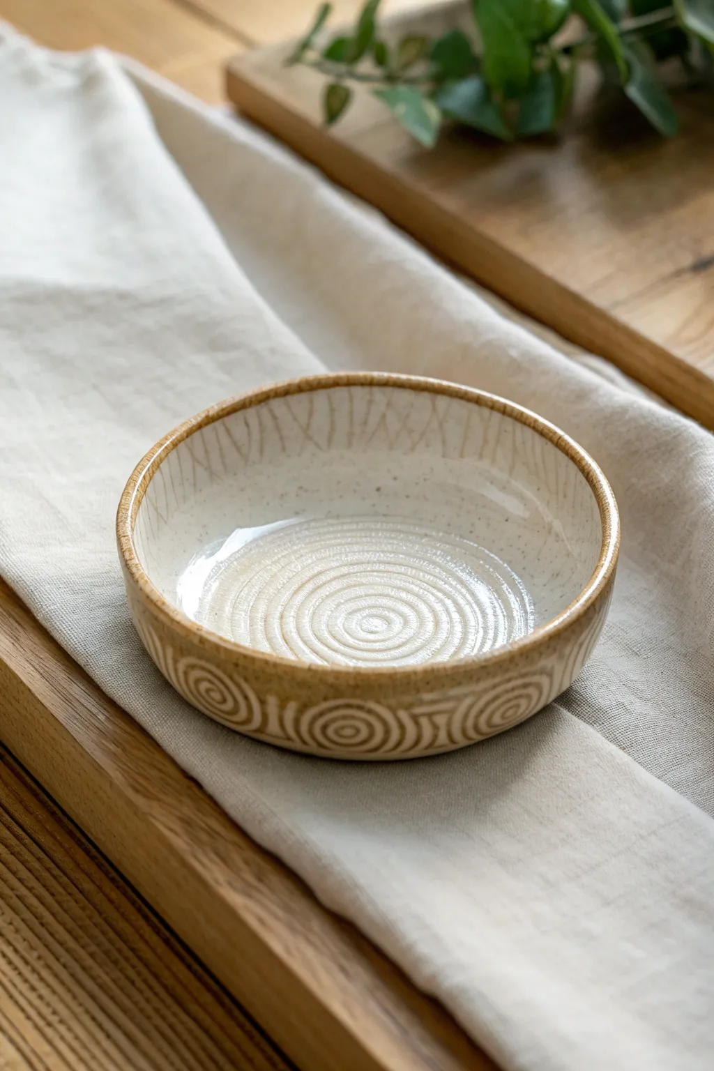 Minimal thumbprint rim trinket tray with glossy interior and soft satin exterior glow