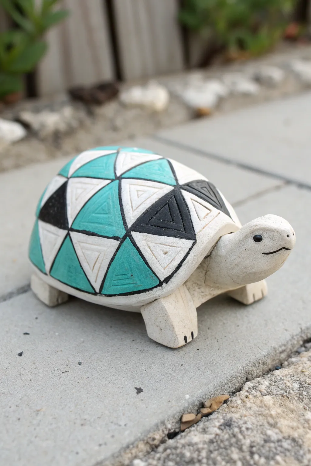 Geometric shell blocks in teal, white, and charcoal for a modern painted ceramic turtle.