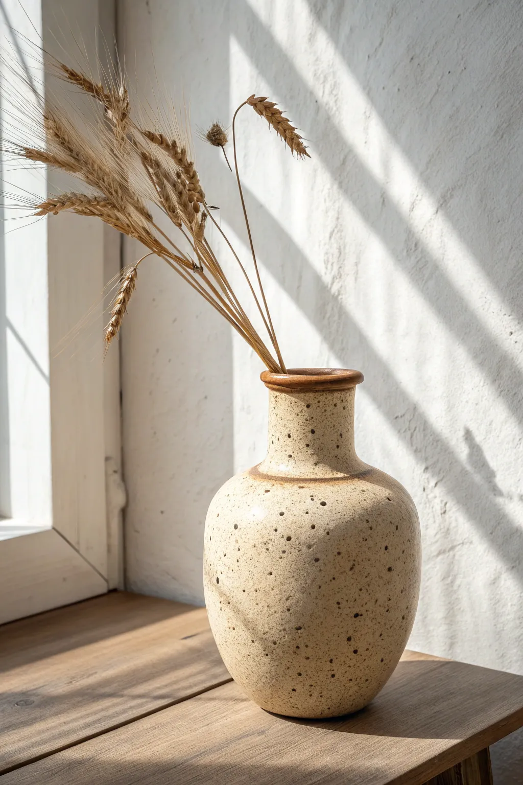 Speckled stoneware vase with dried wheat, warm minimal styling for an earthy handmade feel.